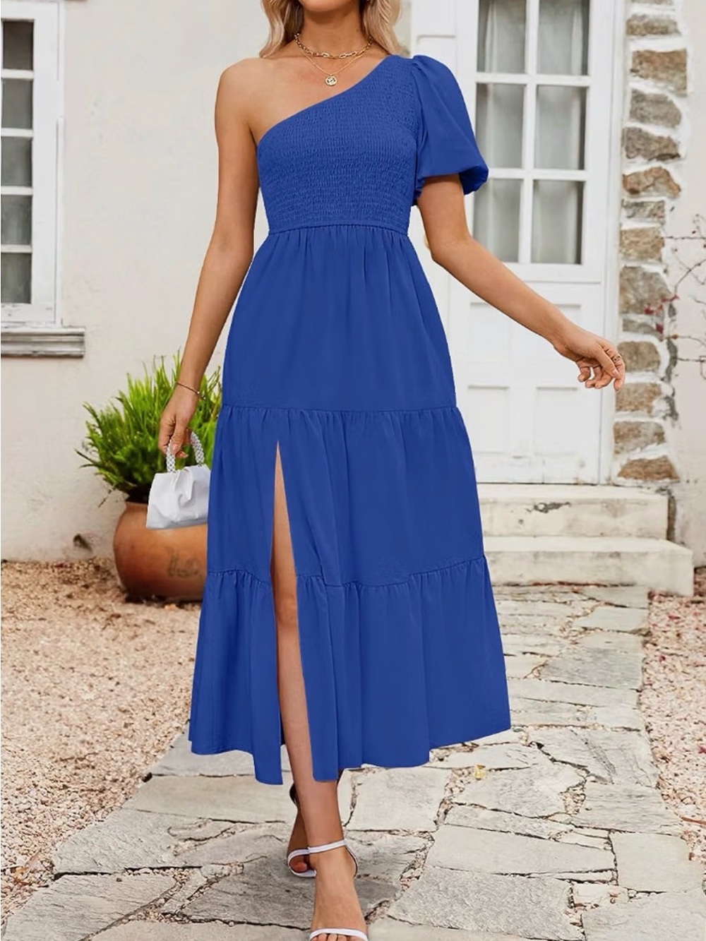NWT ZESICA Royal Blue One-Shoulder Woman’s Dress with Pockets Beach Vacation